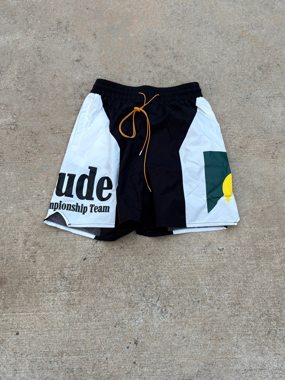 Rhude Black White Colorblock Swim Shorts with Yellow Drawstring
